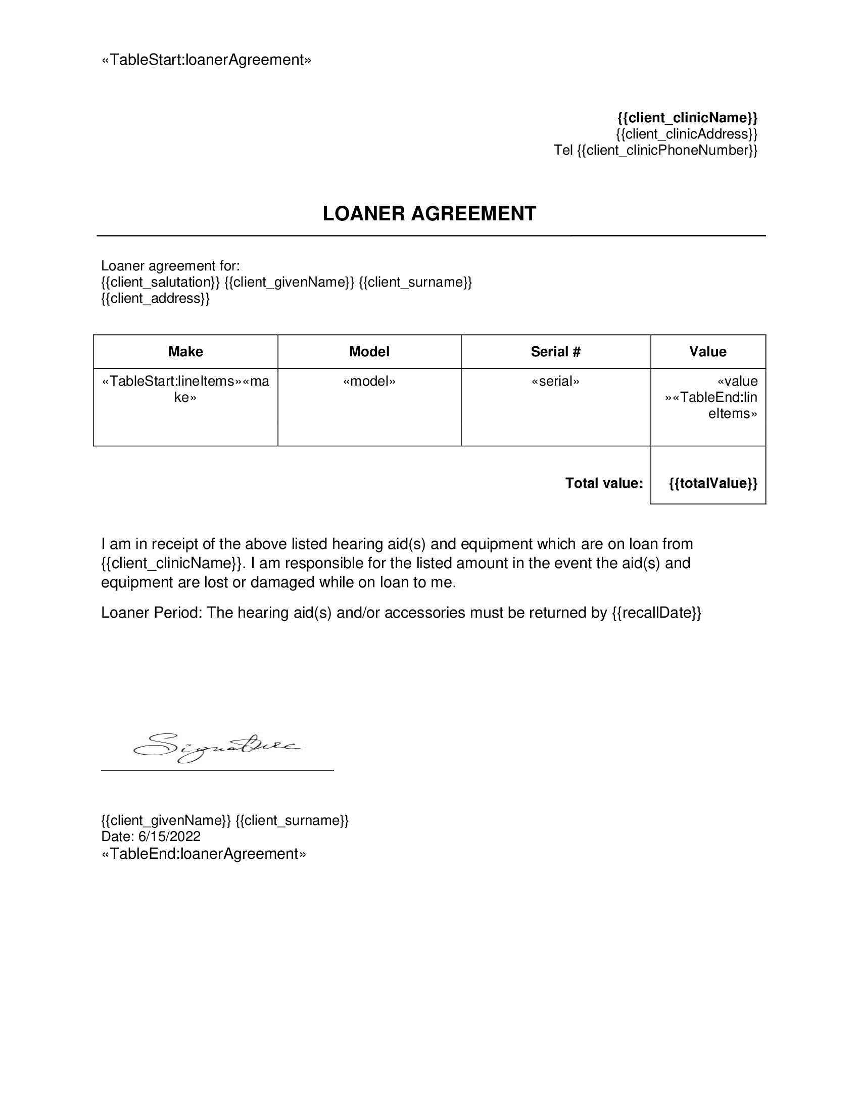 Loaner Agreement Blueprint Solutions